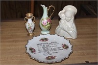 mom and dad plate, 2 vases, madonna and child