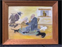 ORIGINAL ACRYLIC ON BOARD GENT WITH HIS PETS