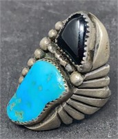 Sterling native turquoise & onyx ring size 9
