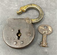 Antique Simmons 6-lever pad lock & key
