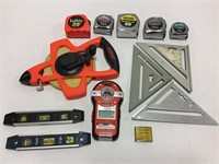 Lot of Speed Squares Tape Measures Levels