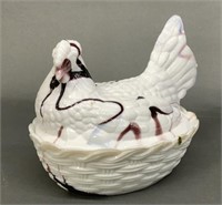 Large Splatter Milk Glass Hen On Nest