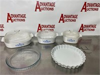Pyrex baking dishes and pie dishes.