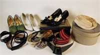 Vintage pillbox hat, shoes and belts