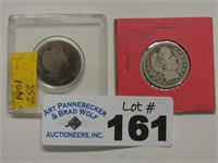 1908 & 1901 Barber Silver Quarters