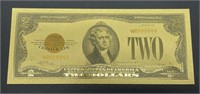 24k Gold Foil Pressed Two-Dollar Bill Replica