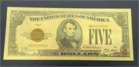 24k Gold Foil Pressed Five-Dollar Bill Replica