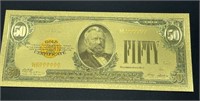 24k Gold Foil Pressed Fifty-Dollar Bill Replica