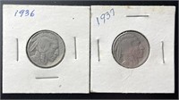 1936 and 1937 Buffalo Nickels