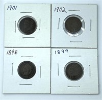 (4) Indian Head Pennies 1901, 1902, 1899 and 1898