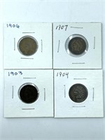 (4) Indian Head Pennies 1903, 1904, 1906 and 1907