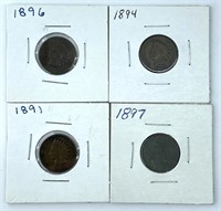 (4) Indian Head Pennies - 1896, 1897, 1894, 1891
