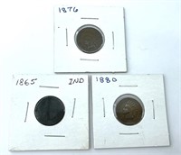 (3) Indian Head Pennies 1880, 1876 and 1865