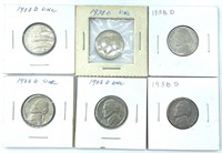 (6) 1938 Nickels: (4) Uncirculated (1) S