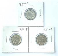 (3) Buffalo Nickels: (2) 1937-P and (1) 1936-P