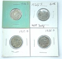 (4) Buffalo Nickels 1936-S, 1923-S, 1937-S and