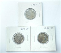 (3) Buffalo Nickels: (2) 1937-D and (1) 1936-D