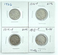 (4) Buffalo Nickels:1914-P, 1913-P, 1926 and