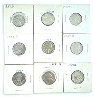 (9) 1939 D, P and S Jefferson Nickels