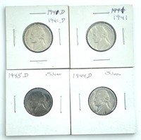 (4) Jefferson Nickels:  1941-D, 1945-D, 1941 and