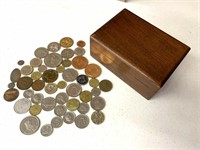 Assorted Foreign Currency and Wood Box