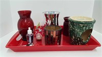 RED PLASTIC TRAY + CANDLES + VASES