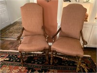 Pair of Upholstered High Back Oak Armed Chairs