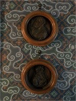 Antique Chased Copper Faces in Maple Frames