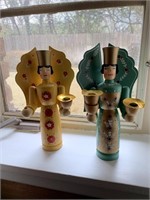 Two Wooden Asian Lady Double Candlesticks. They