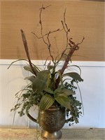 Brass 2 handled urn with floral arrangement