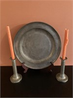 Pewter charger & candle sticks
