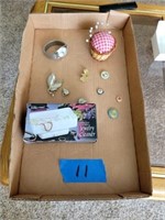 Flat of Assorted Pins, Watch, Jewelry, & Cleaner