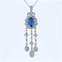 14KT White Gold 4.90ct Blue Topaz and Diamond Pend