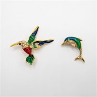 Colorful G.P. Dolphin and Sea Gull Pair Brooch