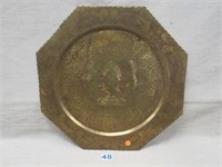 HAND HAMMERED BRASS TRAY WITH PAIR OF LIONS: