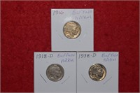 (3) Buffalo Nickels 1916, 1918D & 1938D