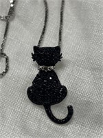 Sterling Silver Cat Necklace w/ Black Stones