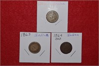 (3) Indian Head Pennies 1859, 1863 & 1864