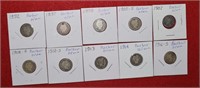 (10) Barber Dimes 1892 to 1916-S Mix