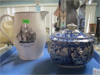 SPODE PITCHER AND BLUE LIDDED SUGAR DISH
