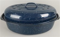 Vintage Blue Speckled Enamelware 14" Roaster