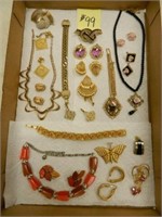 Flat of Gold Tone Jewelry with Some Vintage