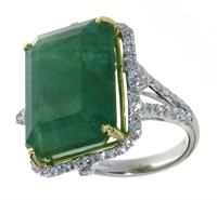 18kt Gold 20.51 ct Step Cut Emerald & Diamond Ring