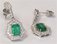 Platinum Emerald & Diamond Dangle Earrings