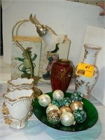 FROG DÉCOR IN BOXES, 4 VASES, GREEN GLASS BOWL,
