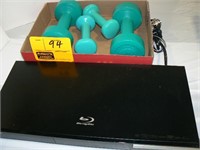 SAMSUNG BLURAY PLAYER, SET OF FREE WEIGHTS