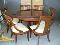ETHAN ALLEN ROUND TABLE, 6 CHAIRS, 2 LEAVES,