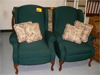 PAIR OF DARK GREEN WINGBACK CHAIRS AND THROW