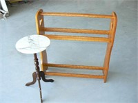 HEAVY OAK QUILT RACK, MARBLE TOP PLANT STAND