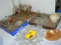 HAND PAINTED STEMWARE, CARAFE, AND CHEESE DOME,